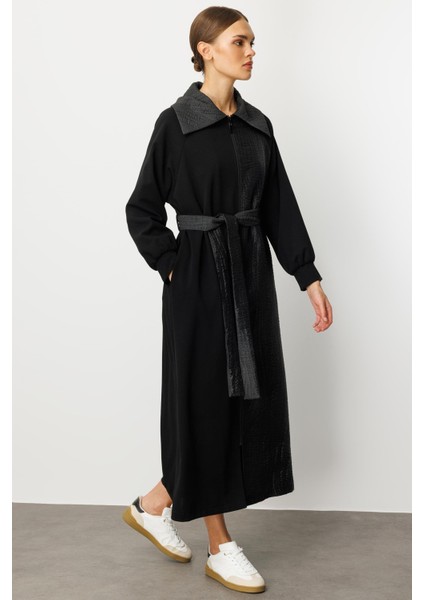 Krep Doku ve Jakar Mix Garni Içi Astarlı Zamansız Trench Kap-Siyah modelleri