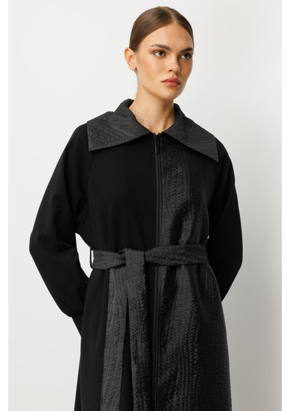 Krep Doku ve Jakar Mix Garni Içi Astarlı Zamansız Trench Kap-Siyah