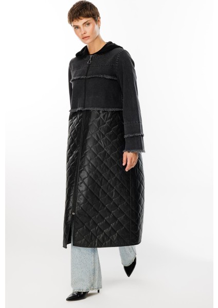 Seel Denim Kot Üst Beden ve Elyaf Dolgulu Alt Beden Baharlık Spor Trench Kaban-Siyah