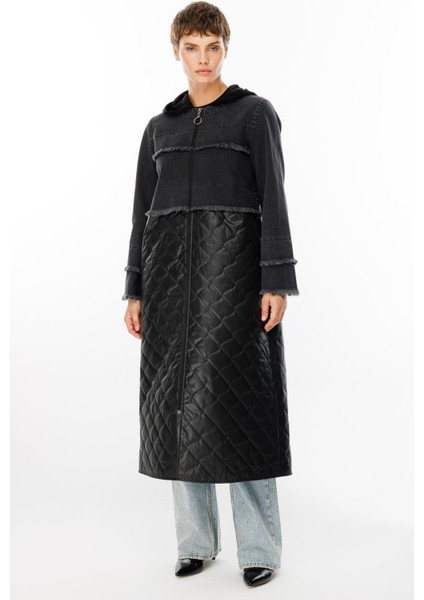 Seel Denim Kot Üst Beden ve Elyaf Dolgulu Alt Beden Baharlık Spor Trench Kaban-Siyah fiyatları