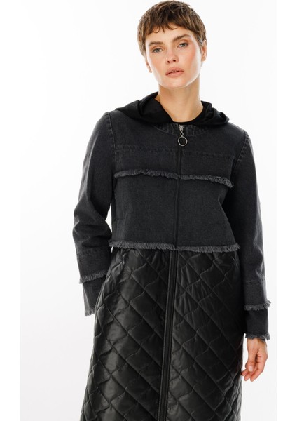 Seel Denim Kot Üst Beden ve Elyaf Dolgulu Alt Beden Baharlık Spor Trench Kaban-Siyah modelleri