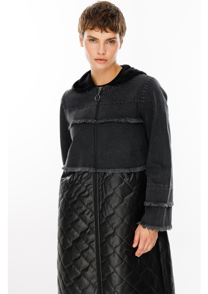 Seel Denim Kot Üst Beden ve Elyaf Dolgulu Alt Beden Baharlık Spor Trench Kaban-Siyah fırsatları