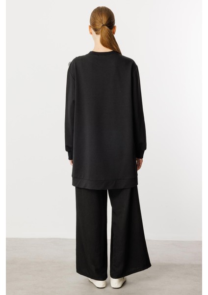 Rozy Işleme Detaylı Ince Dökümlü Örme Özel Kap/tunik-Siyah