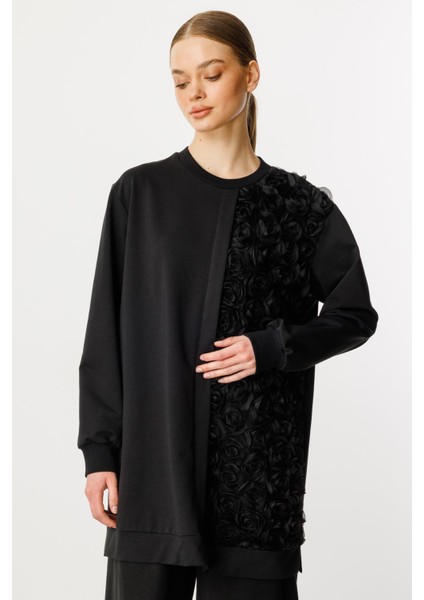 Rozy Işleme Detaylı Ince Dökümlü Örme Özel Kap/tunik-Siyah