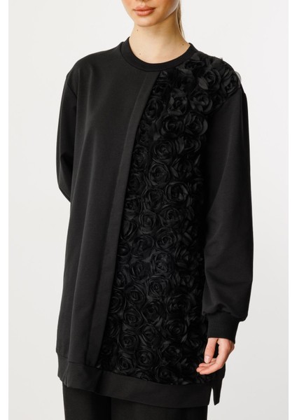 Rozy Işleme Detaylı Ince Dökümlü Örme Özel Kap/tunik-Siyah