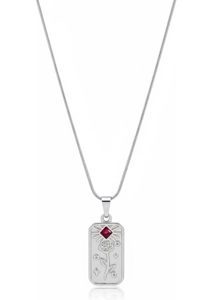 Çelik Plaka Kolye Kırmızı Taşlı Gümüş Rengi Gül Figürlü Takı