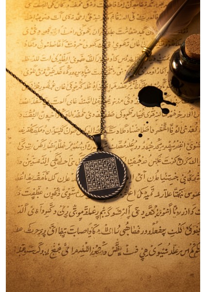 Celcelütiye ve Ism-I Azam Vefk Yazılı Çelik Kolye Titanyum Renk Paslanmaz Zincir (Unisex) indirimleri