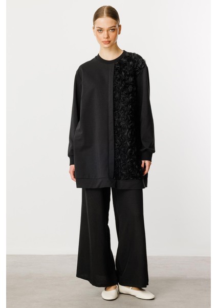 Rozy Işleme Detaylı Ince Dökümlü Örme Özel Kap/tunik-Siyah
