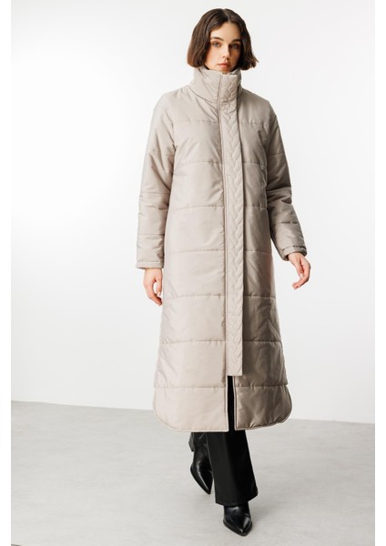 Saç Örgü Kapitone Içi Polar Kaplı Hafif Gündelik Kullanıma Uygun Kaban Manto-Taş