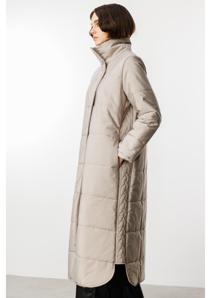 Saç Örgü Kapitone Içi Polar Kaplı Hafif Gündelik Kullanıma Uygun Kaban Manto-Taş