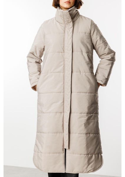 Saç Örgü Kapitone Içi Polar Kaplı Hafif Gündelik Kullanıma Uygun Kaban Manto-Taş