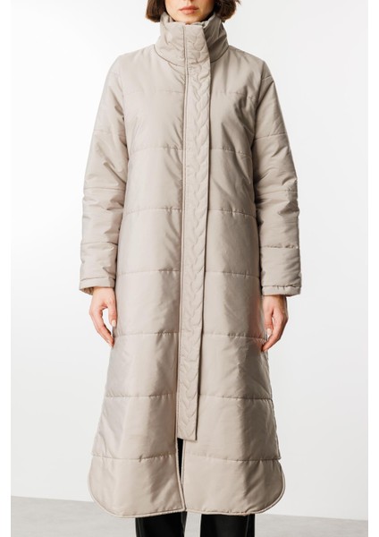 Saç Örgü Kapitone Içi Polar Kaplı Hafif Gündelik Kullanıma Uygun Kaban Manto-Taş