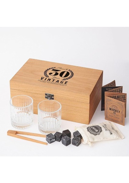 30 Yaş Tasarımlı Ahşap Kutulu 2'li Glasgow Viski Kadeh Seti + 6 Soğutucu Taş