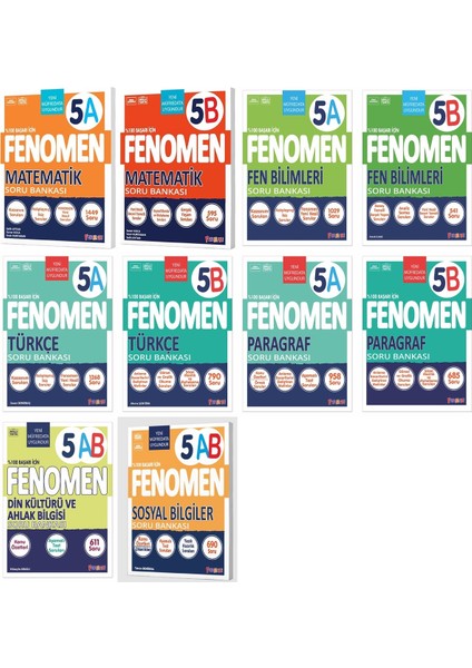 Fenomen Okul 2025 5. Sınıf Matematik + Türkçe + Fen + Paragraf + Sosyal + Din A + B Soru Seti 12 Kit