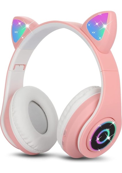 Bluetooth Kulaklık Kız Çocuk Kulak Üstü Kedi Kulaklığı Rgb LED Işık Katlanabilir Stereo Kablosuz Kulaklık Çocuklar ve Yetişkinler Için Mikrofonlu Dizüstü Bilgisayar / Pc / Tv (Pembe)