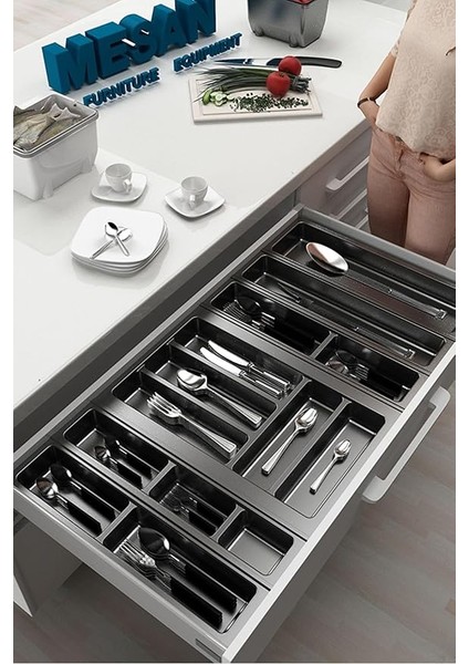 Mutfak Çekmece Içi Düzenleyici, Kaşıklık 84CM x 48CM Yanlar ve Boydan 4cm Kesilebilir, Antrasit