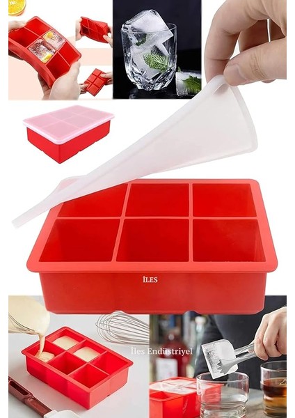 Chef Silikon Kapaklı Xxl Büyük Boy 6'lı Küp Buz Kalıbı Siyah (Kırmızı)