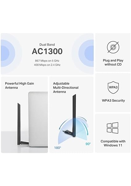 MA30H, AC1300 Mbps, Çift Bant, USB 3.0, Yüksek Çekim Güçlü Wi-Fi 5 USB Adaptör modelleri