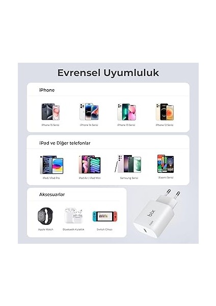BXCL20TA 20W Pd Süper Hızlı Type-C Şarj Cihazı, Type-C’den Lightning’e Kablosuyla iPhone 14/14 Pro/14 Pro Max, iPhone 13/12/11/x/xr/xs/serisi, iPad 9, Airpods Pro ve Daha Fazlasıyla Uyumlu modelleri