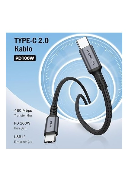 Şarj ve Veri Aktarım Kablosu 20V5A, Type C'den Type C'ye, 100W, Çift Kat Örgülü (Gri, 2 Metre) fırsatları