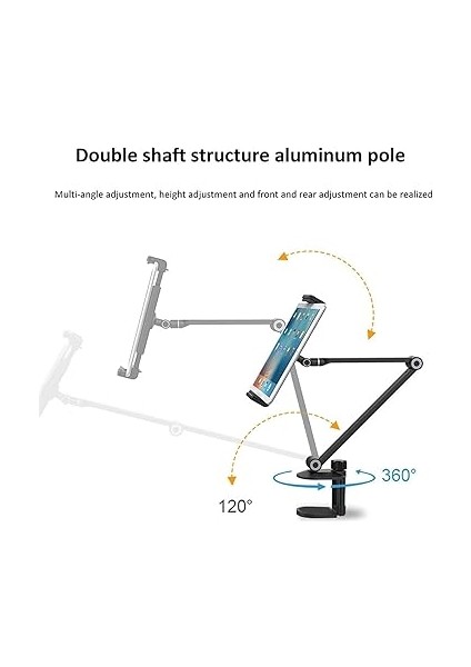 Profesyonel 2 Eklemli Telefon ve Tablet Tutucu 360 Derece Dönebilen Kol ve iPad ile Uyumlu Telefon Standı Olan Metal Taban Alüminyum Gövde 43CM Kol Uzunluğu MK43 Siyah modelleri