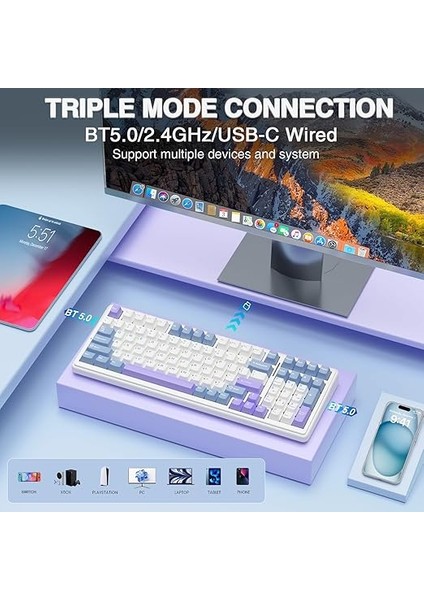 F99 3 Modlu Rgb Hot Swap Mekanik Linear Graywood V3 Switch Kablosuz Makrolu Klavye Lila modelleri
