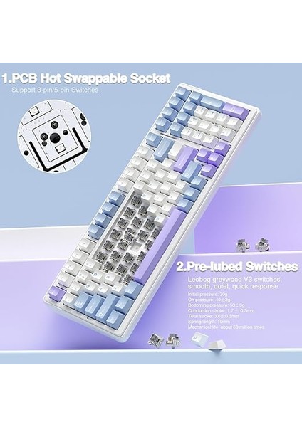 F99 3 Modlu Rgb Hot Swap Mekanik Linear Graywood V3 Switch Kablosuz Makrolu Klavye Lila indirimleri