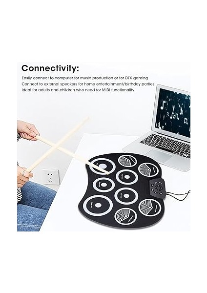 Bateri Seti, Roll Up Davul Pedi, 9 Alıştırma Pedi 3,5 mm Jack Silikon 7 Ton 10 Ritim Elektrikli Davul, Çocuklar Için 10 Demo Şarkı indirimleri