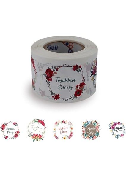 Etiketler , Hazır Al Hızlı Al Teşekkür Ederiz Etiketi 5 Farklı Çiçek Deseni 50MM Çap Ruloda 500 Adet Kendinden Yapışkanlı Rulo Etiket, Pp Opak E-Ticaret