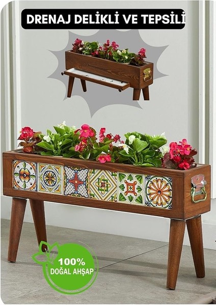 El Yapımı Ayaklı 6 Çinili Dekoratif Modern Ahşap Dikdörtgen Bahçe Balkon Saksı Saksılık Çiçeklik
