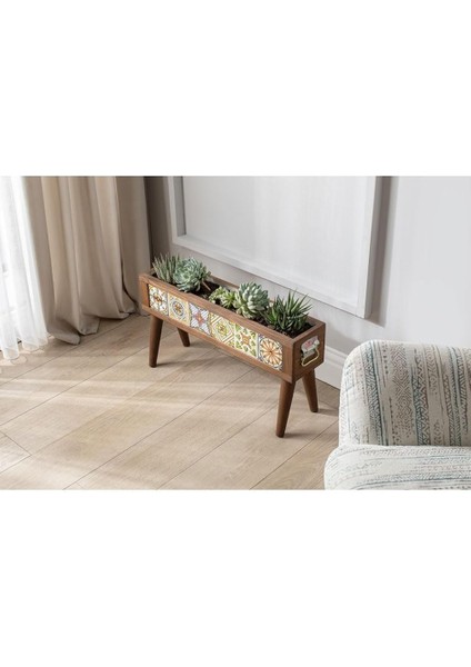 El Yapımı Ayaklı 6 Çinili Dekoratif Modern Ahşap Dikdörtgen Bahçe Balkon Saksı Saksılık Çiçeklik indirimleri