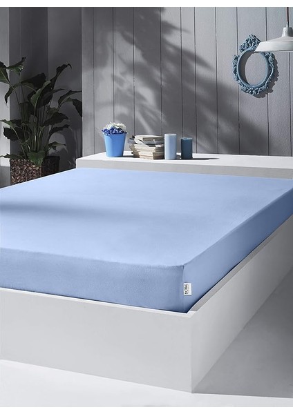 Home Örme Penye Lastikli Çarşaf, Battal Çift Kişilik, Açık Mavi, Pamuk-Elastan 230 G/m2