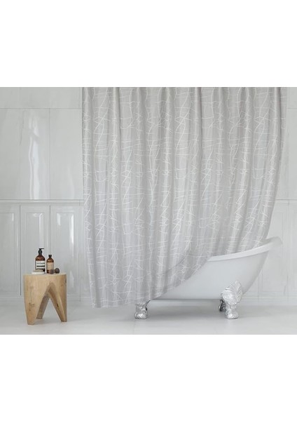 Mermer Desen Banyo Perdesi - Beyaz Çizgili Duş Perdesi, 180X200 cm Tek Kanat Banyo Duş Perdesi - Lüx Küvet Perdesi - Su Geçirmez Kumaş Perde