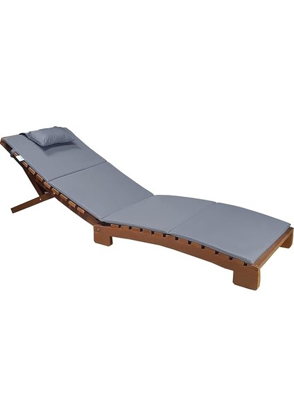 Ahşap Katlanabilir Yatar Şezlong 3 Kademe Plaj Yatağı Minder Dahil (Ceviz - Gri)