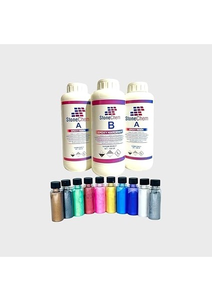 Ultra Şeffaf Epoksi Reçine Seti, 3 kg Reçine ve Sertleştirici, 10 Adet 15 gr Pigment Renk Seti