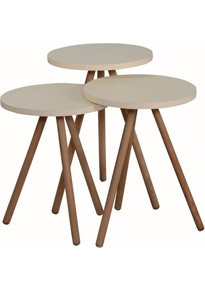 Renkli Üçlü Zigon Sehpa Ahşap Ayaklı Yuvarlak Pastel Tasarım Krem
