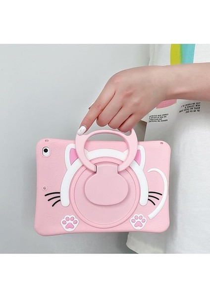 Standlı Askılı Karakterli Kedi Çocuk Kılıfı -Samsung Galaxy Tab S10 Fe / S9 Fe 10.9 / S9 11 Inç ile Uyumlu - Pembe modelleri