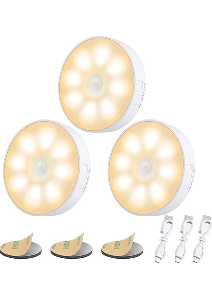 3 Adet Hareket Dedektörlü 8 LED Gece Lambası, Gece Lambası, USB Şarj Edilebilir, 3 Mod Ayarlanabilir, Otomatik/açık/kapalı, Yatak Odası, Dolap, Tuvalet, Koridorlar Için, 3000K Sıcak Beyaz