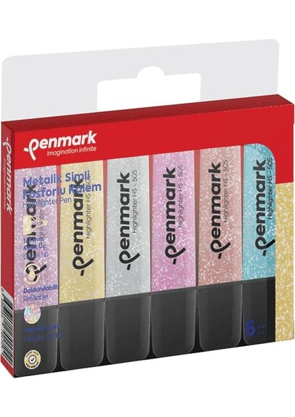Metalik Simli Fosforlu Kalem Seti 6 Renk Paketli Tek Ebat Simli