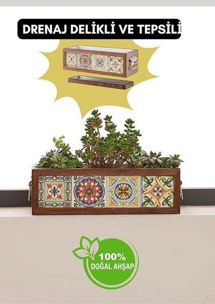 El Yapımı 4 Meksika Çinili Dekoratif Modern Ahşap Dikdörtgen Bahçe Balkon Saksı Saksılık Çiçeklik