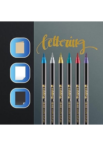 1340 Metalik Fırça Uçlu Keçeli Kalem, 6 Parlak Renkli Set, Esnek Fırça Ucu modelleri