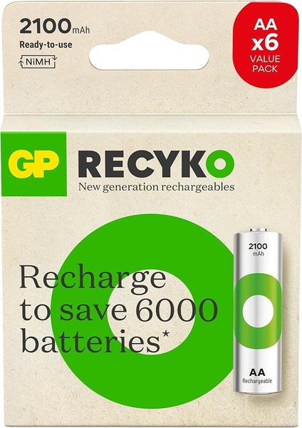 Batteries Recyko 2100 Aa Kalem Ni-Mh Şarjlı Pil, 1.2 Volt, 6'lı Kart
