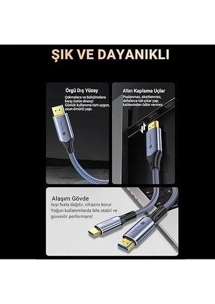 Type-C To HDMI Kablo 8k 60Hz 4K 240Hz Hdr 3D 48GBPS Örgülü Usb-C To HDMI Kablo 2 Metre indirimleri