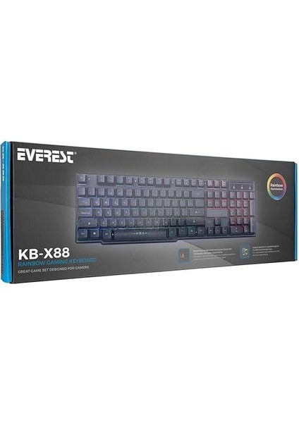 KB-X88 USB Mekanik Hisli Gökkuşağı Aydınlatmalı Q Oyuncu Klavyesi, Siyah indirimleri
