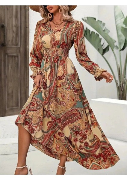 Kadın Uzun Kollu V Yakalı Beli Lastikli Süprem Elbise