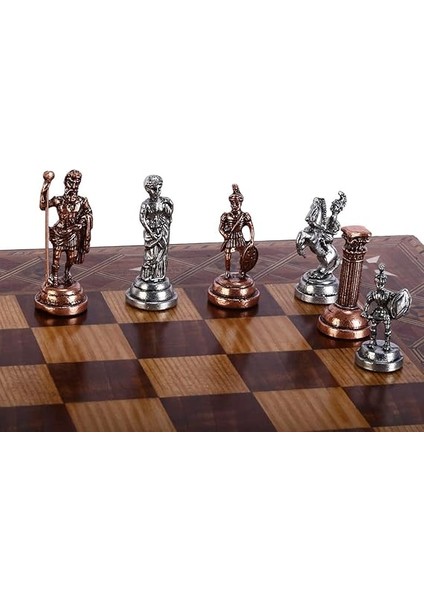 Orta Boy Metal Roma Satranç Takımı Antik ve Sedef Desenli Mdf Ahşap Satranç Tahtası (37X37 Cm.) fiyatları