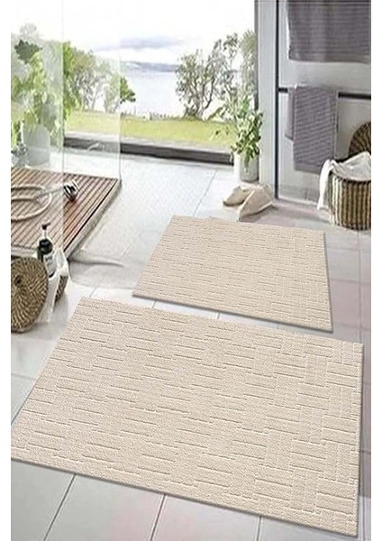 Carpet Kaymaz Taban Moopy Lux Banyo Paspası Klozet Takımı 50X90 ve 40X50 (2 Parça), Ekru