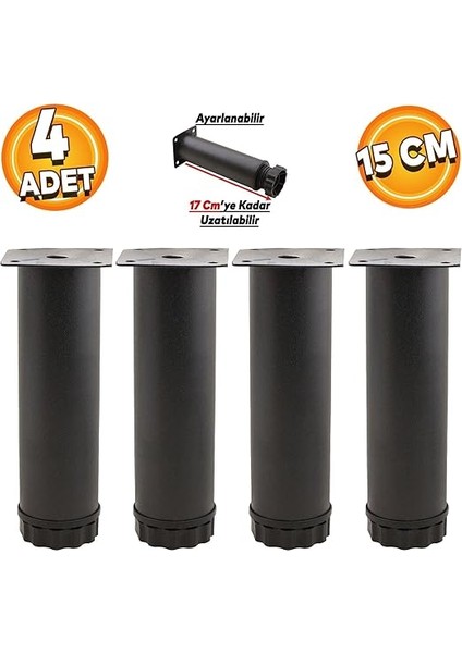 4 Adet Mobilya Kanepe Baza Koltuk Metal Destek Ayağı Ayarlanabilir 15 cm Siyah Metal Yükseltici Ayak fiyatları