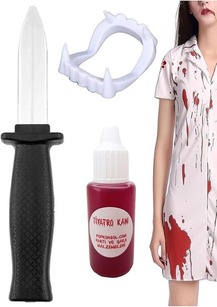 Konsol Şaka Bıçak Yapay Kan Vampir Dişi Set Tiyatro Kanı Cadılar Bayramı Şaka Malzemesi Beyaz PP192501