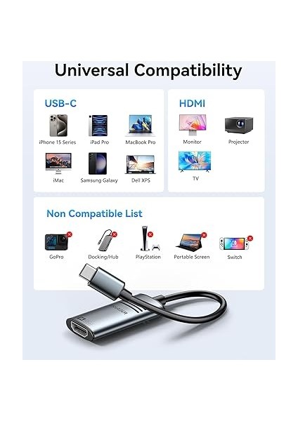 USB C - HDMI 2.1 Adaptör 8K@60Hz 4K@144Hz Alüminyum Tip-C HDMI Kablosu, Thunderbolt 4 3 Destek 48 Gbps/hdcp2.3/hdr Dizüstü Bilgisayar, Tablet Için Uyumlu modelleri